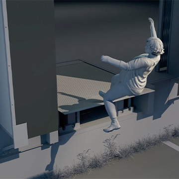 3D rendering of woman falling from loading dock