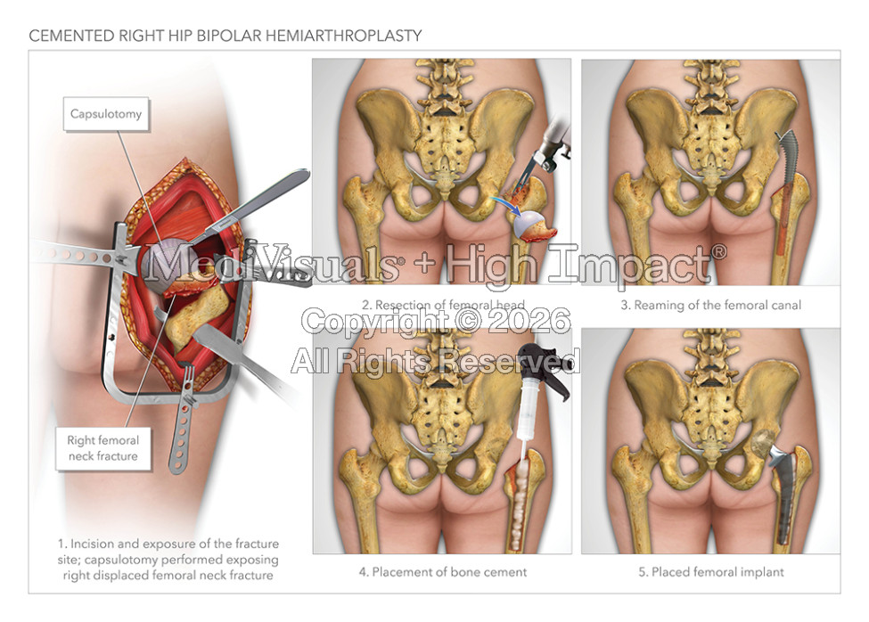 Cemented Right Hip Bipolar Hemiarthroplasty