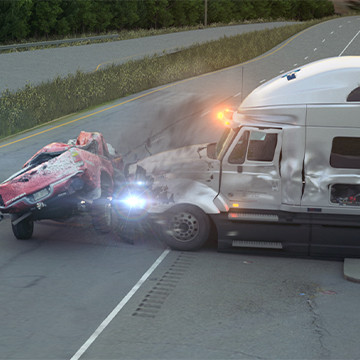 Animation still showing tractor-trailer t-boning pickup truck on highway
